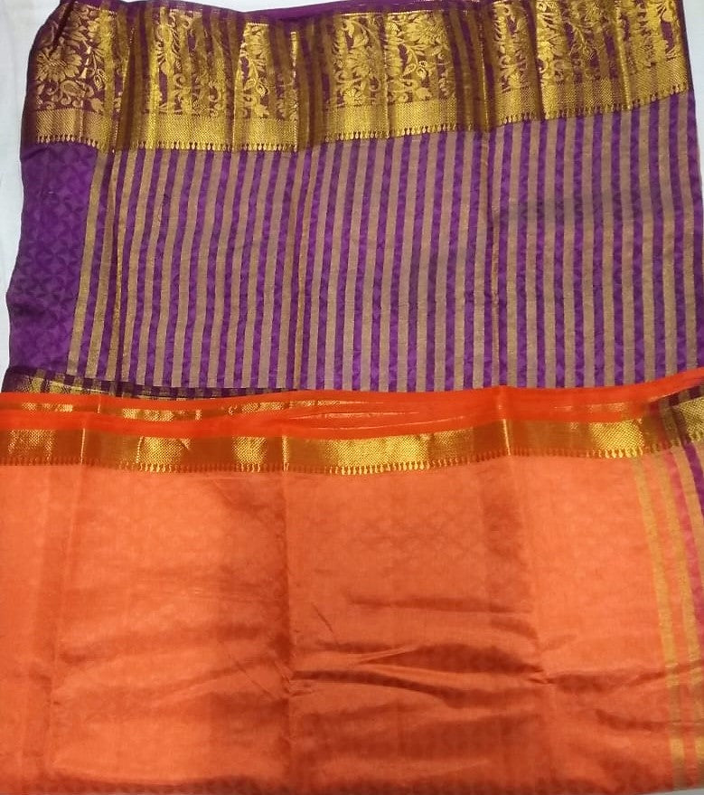 33026 Semi Raw Silk Body emboss Pink-Red border with Pista Green colour body