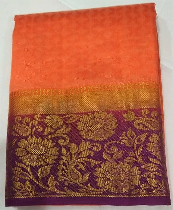 33026 Semi Raw Silk Body emboss Pink-Red border with Pista Green colour body