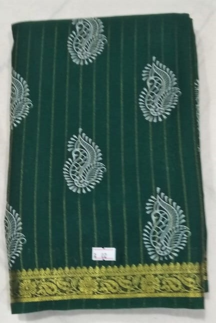 33252 Art Crepe Printed small zari border Bottle Green