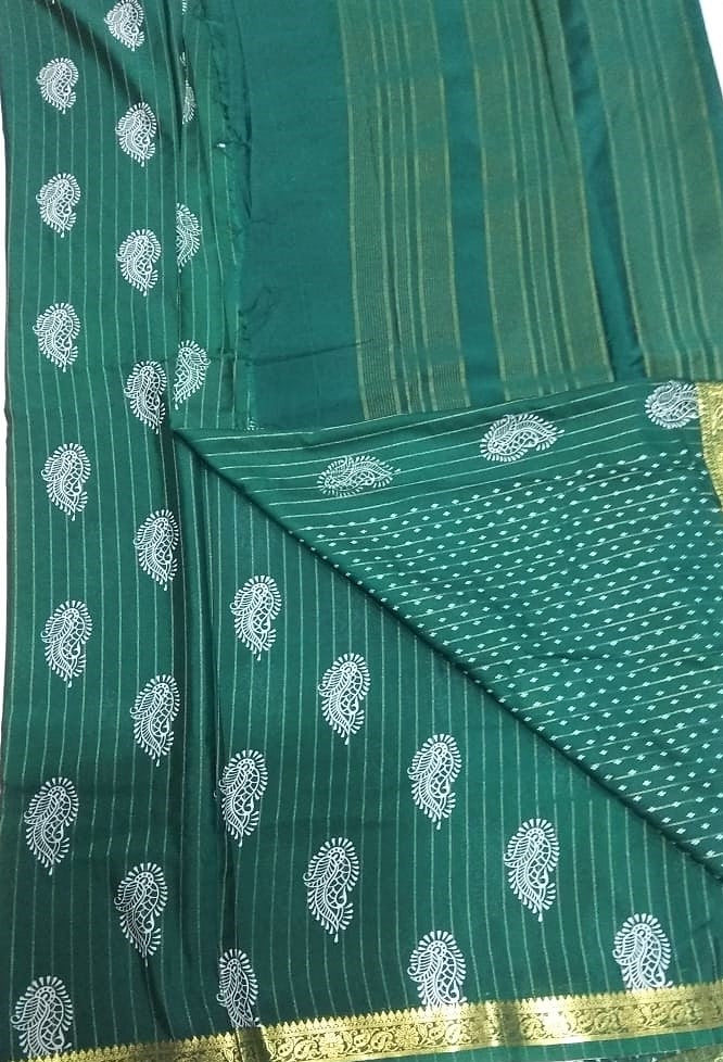 33252 Art Crepe Printed small zari border Bottle Green