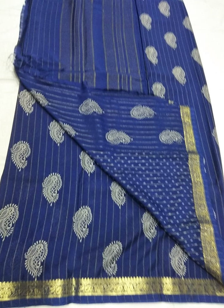 33258 Art Crepe Printed small zari border Grey Navy Blue Mix