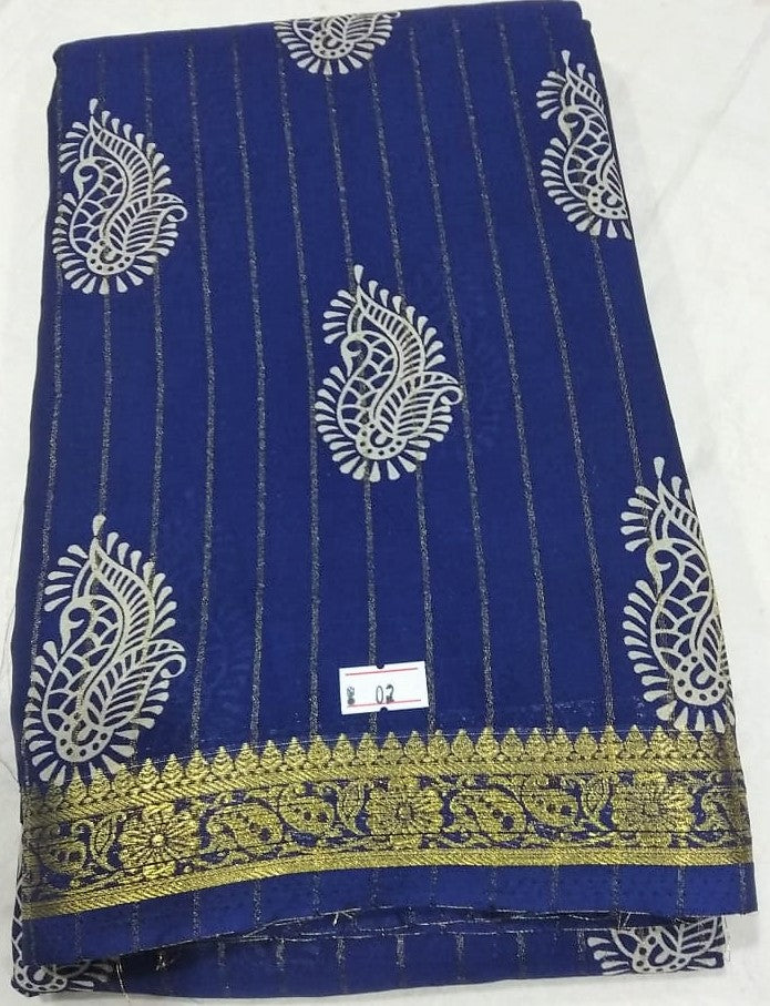 33258 Art Crepe Printed small zari border Grey Navy Blue Mix