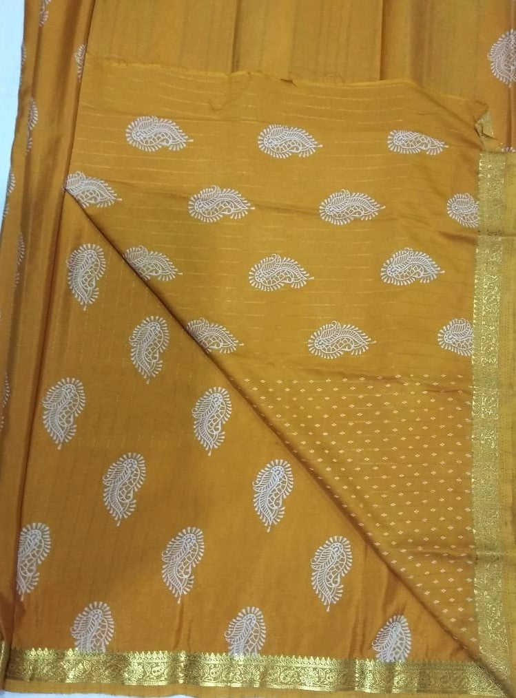 33255 Art Crepe Printed small zari border Mustard
