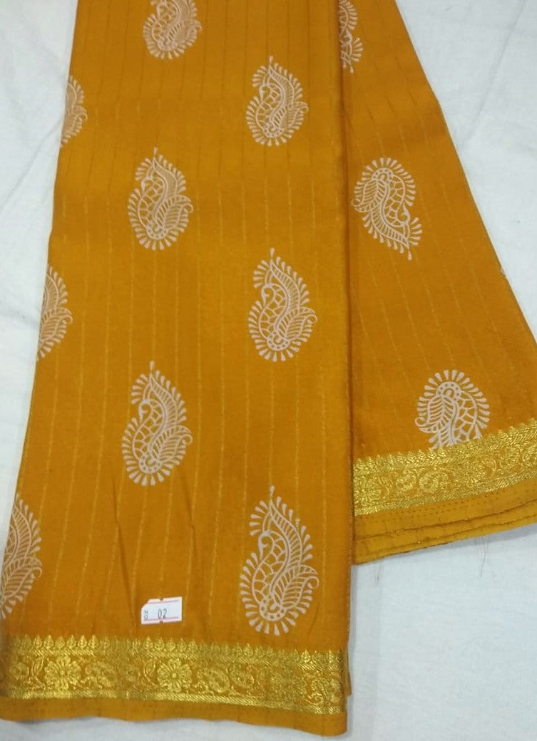 33255 Art Crepe Printed small zari border Mustard