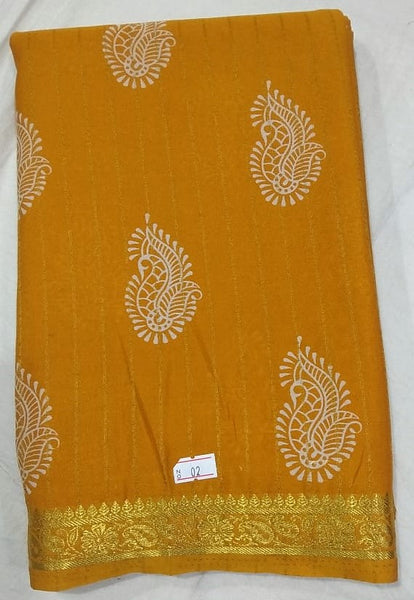 33255 Art Crepe Printed small zari border Mustard