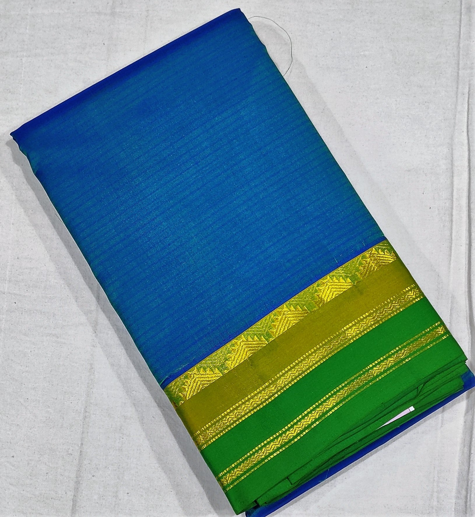 17216  Pure Silk Mustard and green border with copper sulphate body