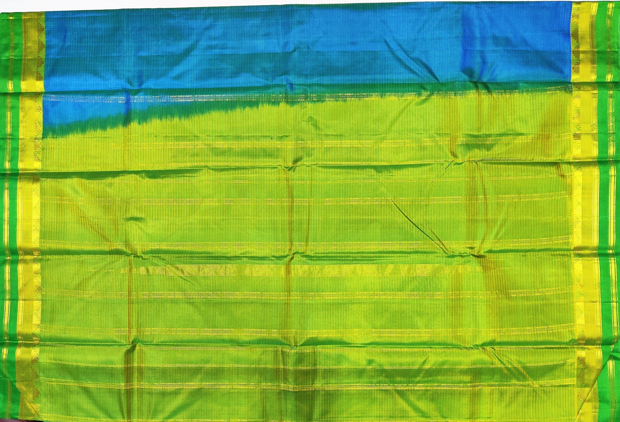 17216  Pure Silk Mustard and green border with copper sulphate body