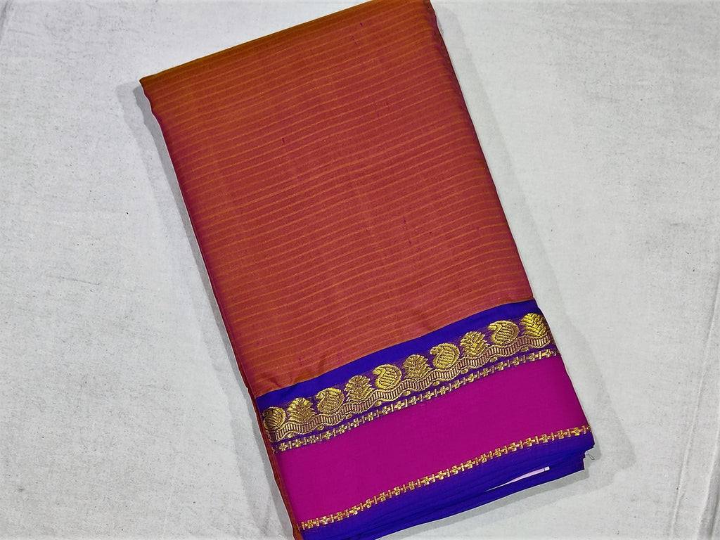 17215  Pure Silk Pink and Blue Border with blue Pallu with Rust colour  body