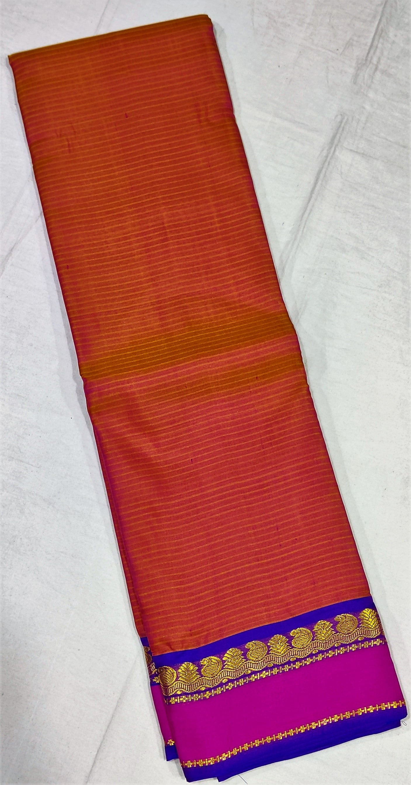 17215  Pure Silk Pink and Blue Border with blue Pallu with Rust colour  body