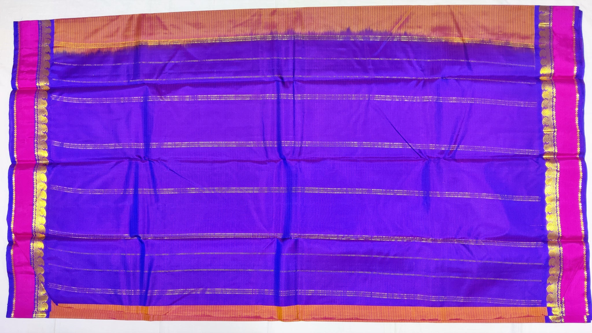 17215  Pure Silk Pink and Blue Border with blue Pallu with Rust colour  body