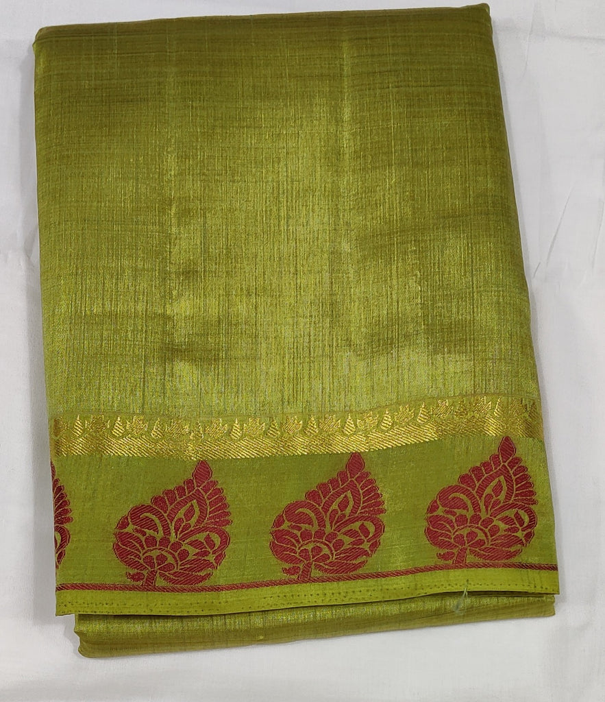 33344 Semi Raw Silk Saree,Zari embossed Thread Red Border, Self Zari Lines Pallu, Green body