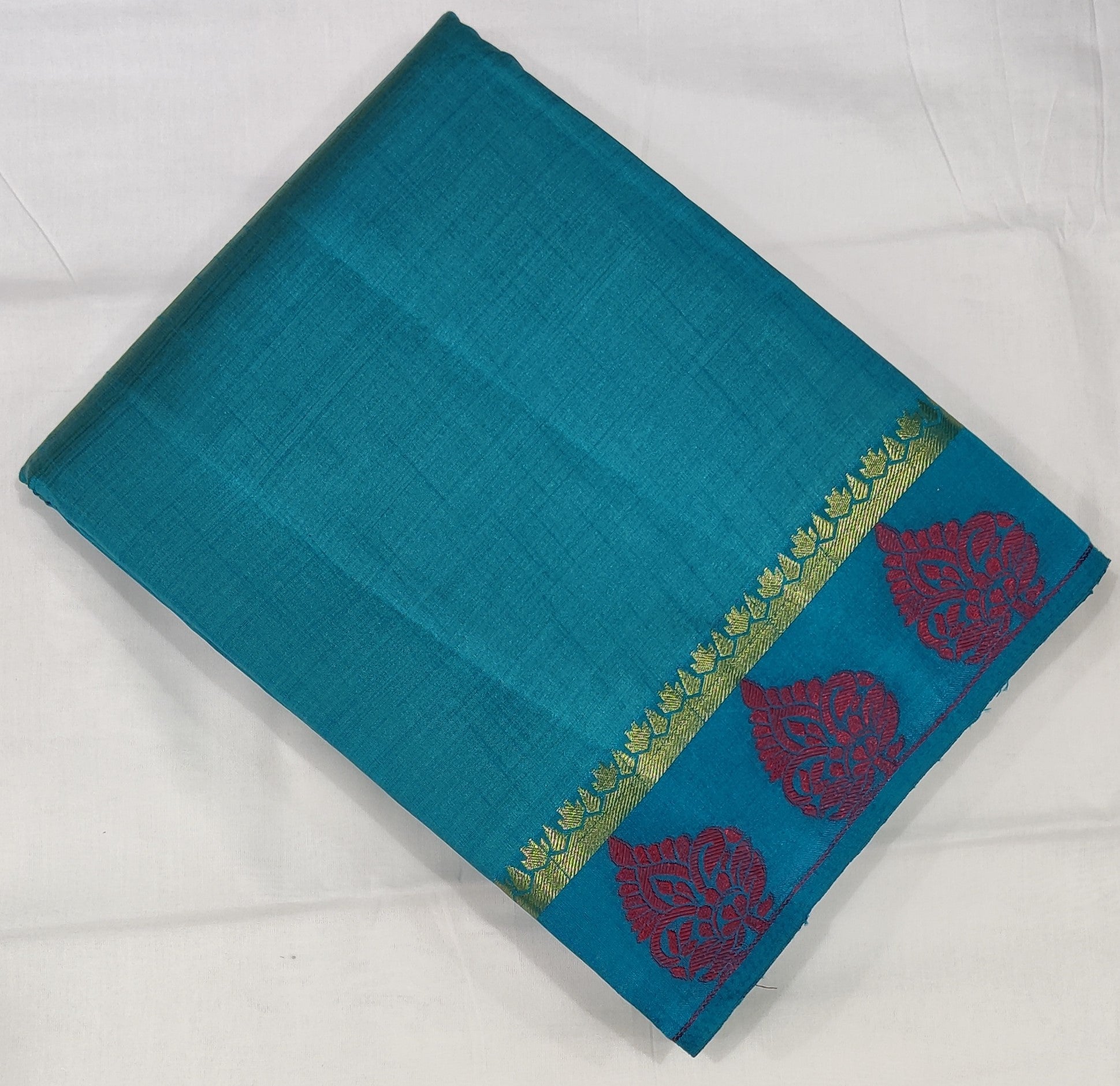 33339 Semi Raw Silk Saree,Zari embossed Thread Maroon Border, Self Zari Lines Pallu, Sapphire Blue body