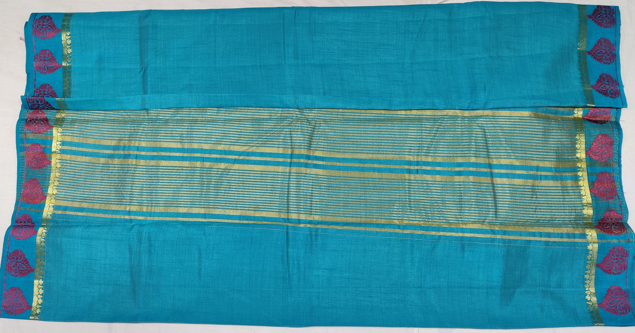 33339 Semi Raw Silk Saree,Zari embossed Thread Maroon Border, Self Zari Lines Pallu, Sapphire Blue body