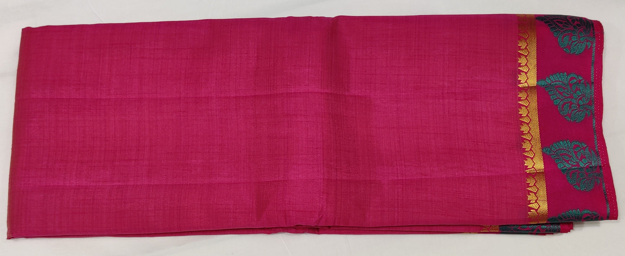 33342 Semi Raw Silk Saree,Zari embossed Thread Bluish Green Border, Self Zari Lines Pallu, Pink body