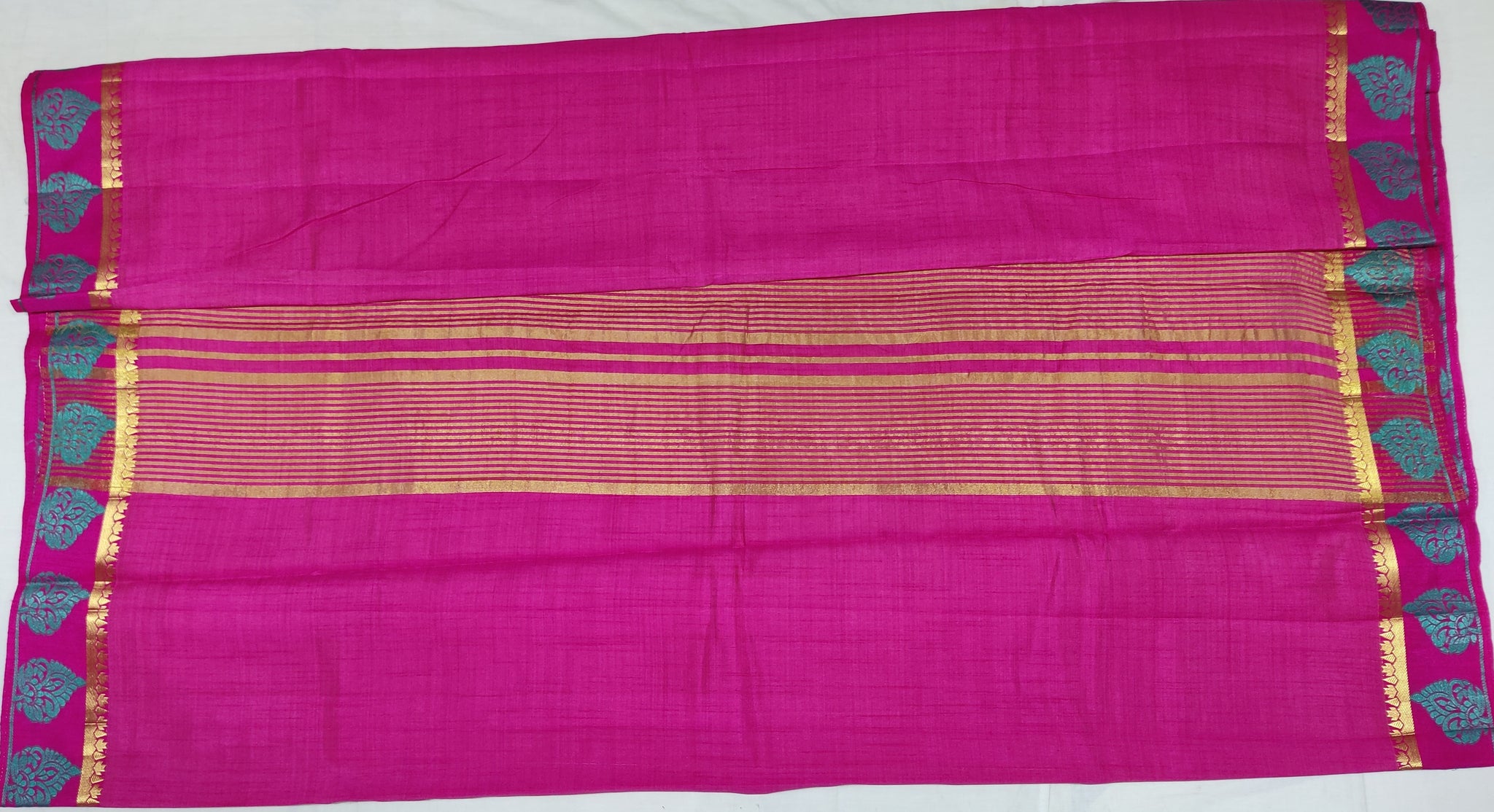 33342 Semi Raw Silk Saree,Zari embossed Thread Bluish Green Border, Self Zari Lines Pallu, Pink body