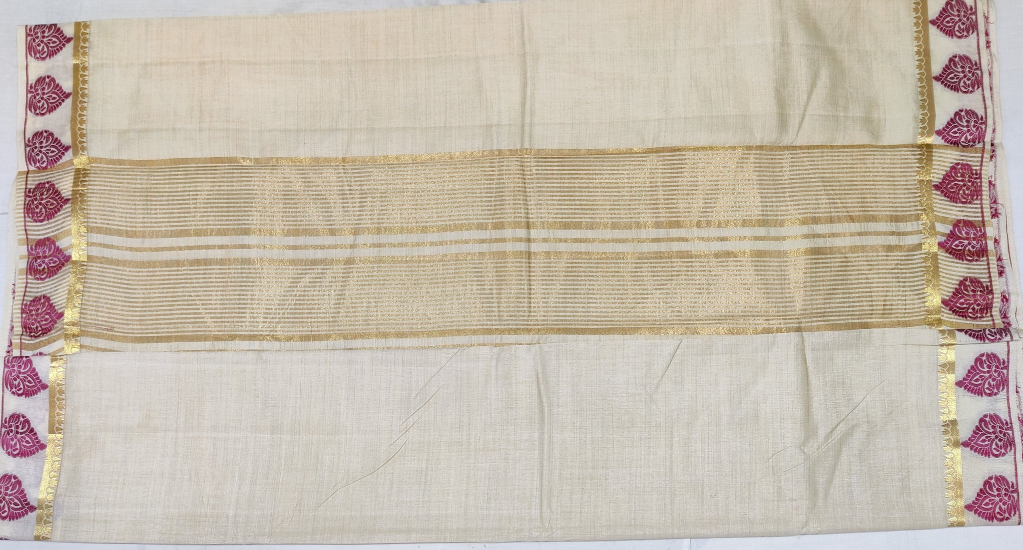 33340 Semi Raw Silk Saree,Zari embossed Thread Maroon Border, Self Zari Lines Pallu, Off White body