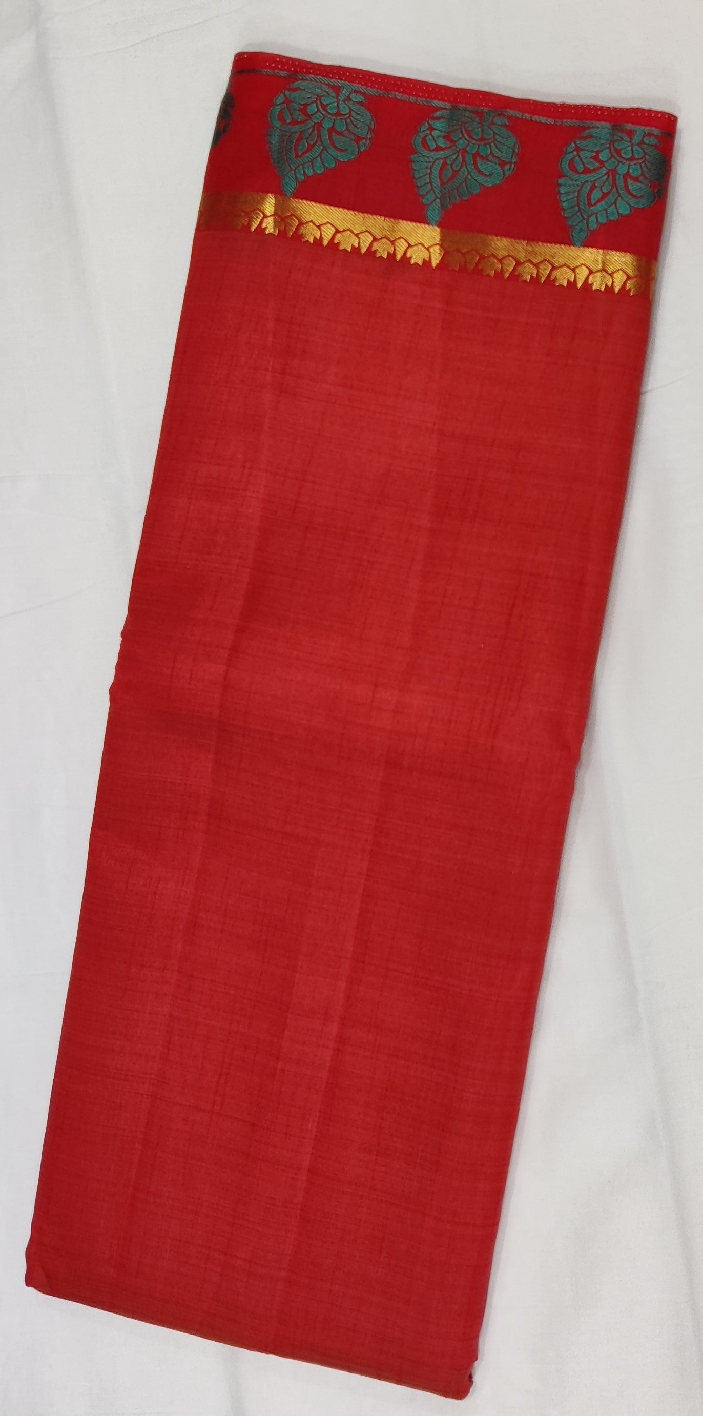 33345 Semi Raw Silk Saree,Zari embossed Thread Green Border, Self Zari Lines Pallu, Orange body