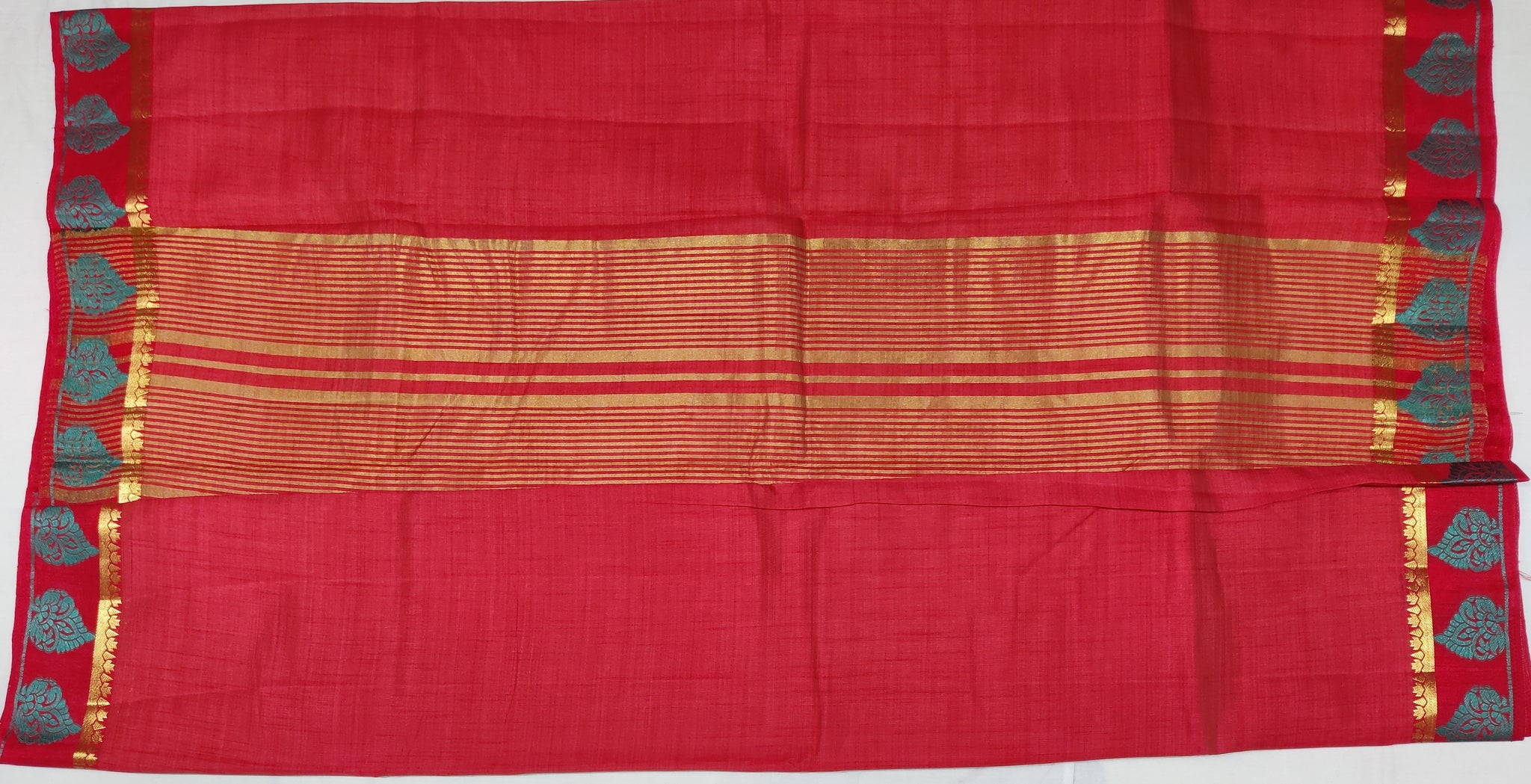 33345 Semi Raw Silk Saree,Zari embossed Thread Green Border, Self Zari Lines Pallu, Orange body