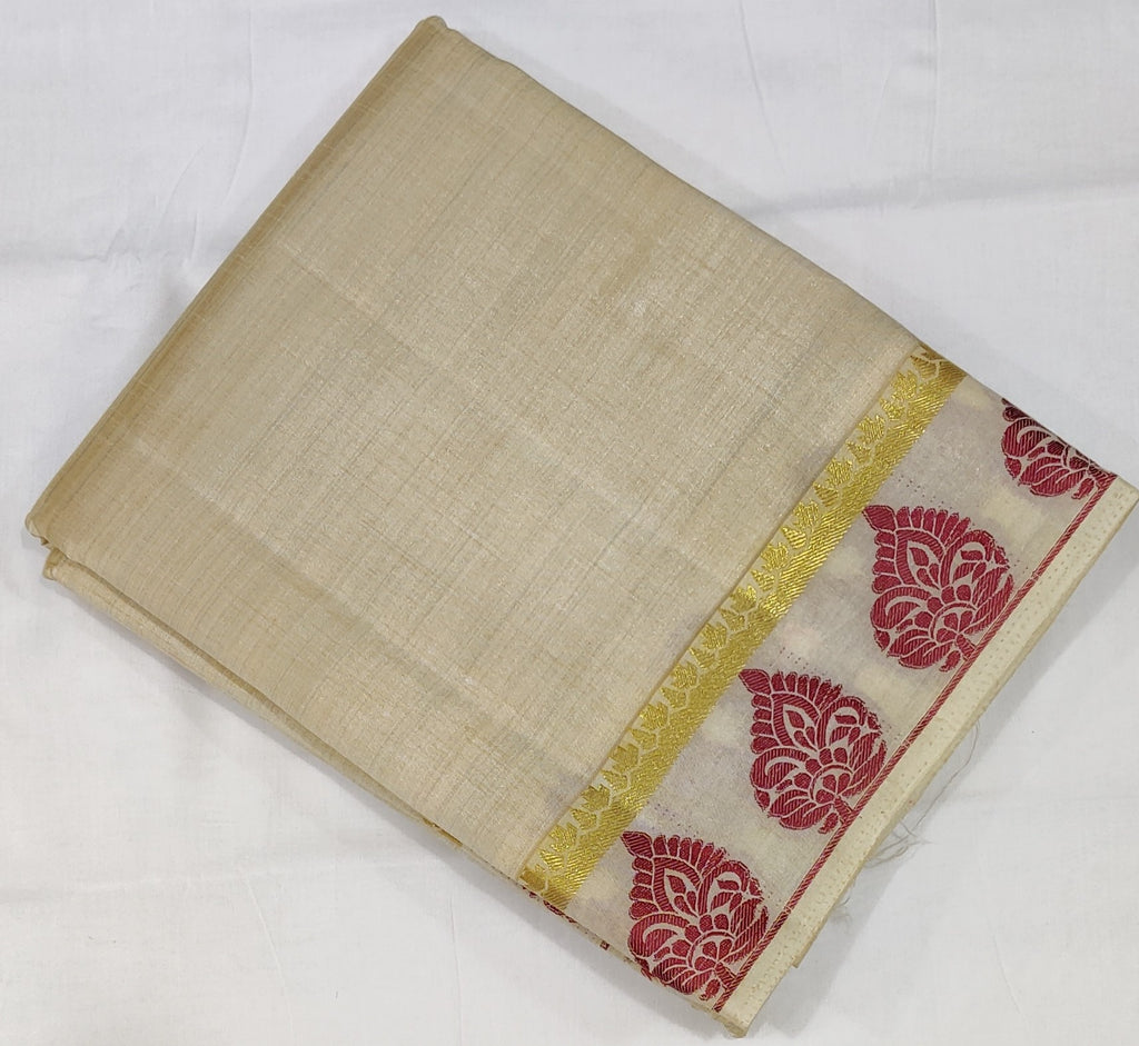 33340 Semi Raw Silk Saree,Zari embossed Thread Maroon Border, Self Zari Lines Pallu, Off White body