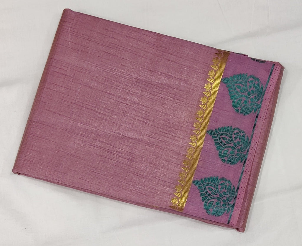 33343 Semi Raw Silk Saree,Zari embossed Thread Green border, Self Zari Lines Pallu, Onion colour body