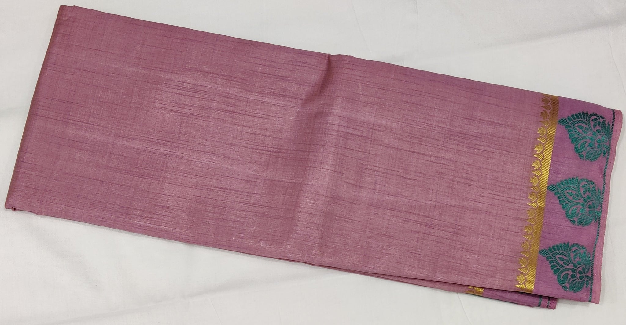 33343 Semi Raw Silk Saree,Zari embossed Thread Green border, Self Zari Lines Pallu, Onion colour body