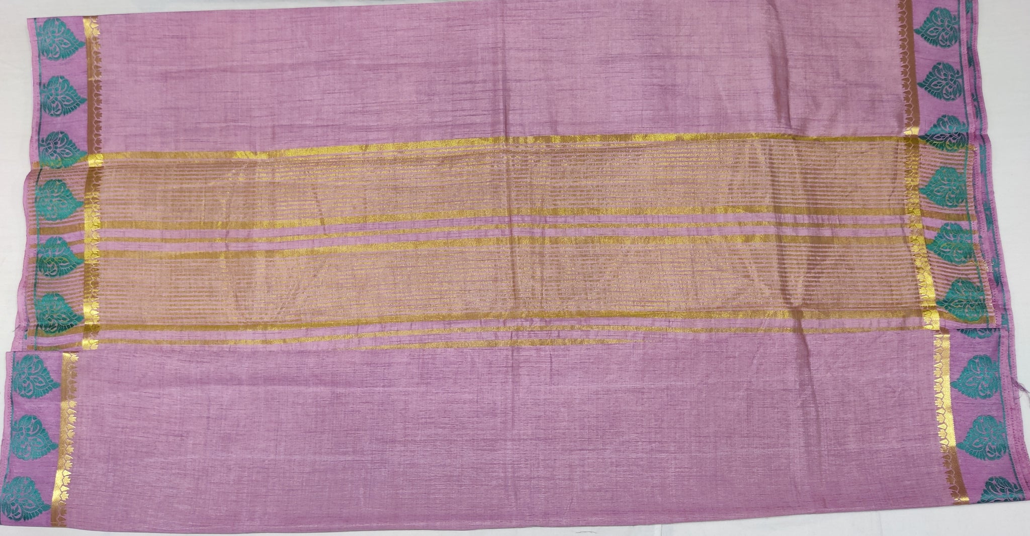 33343 Semi Raw Silk Saree,Zari embossed Thread Green border, Self Zari Lines Pallu, Onion colour body