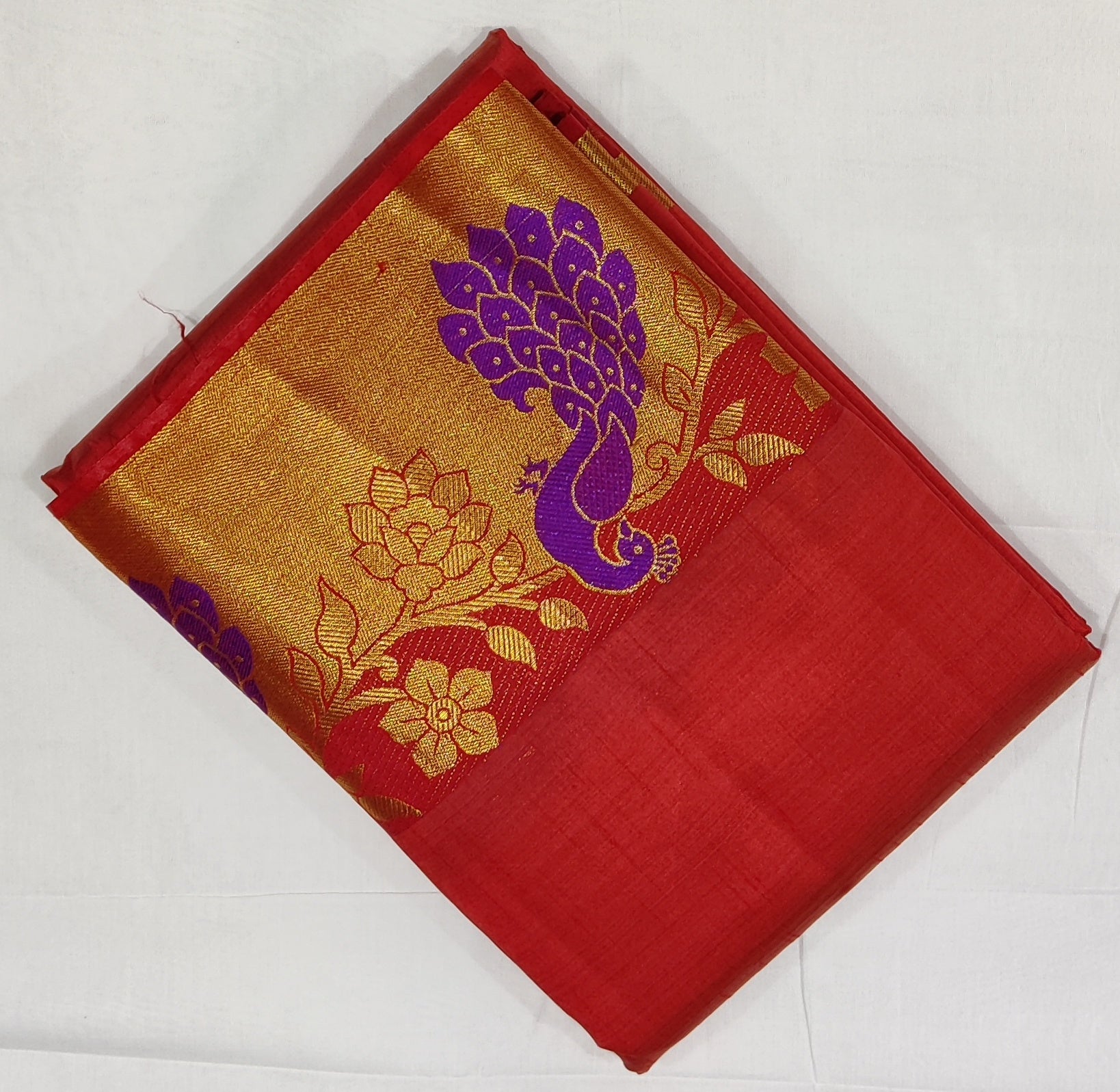 33370 Semi Raw Silk Saree with Big Peacock embossed Zari Border and Rust-Arakku Mix Body Color