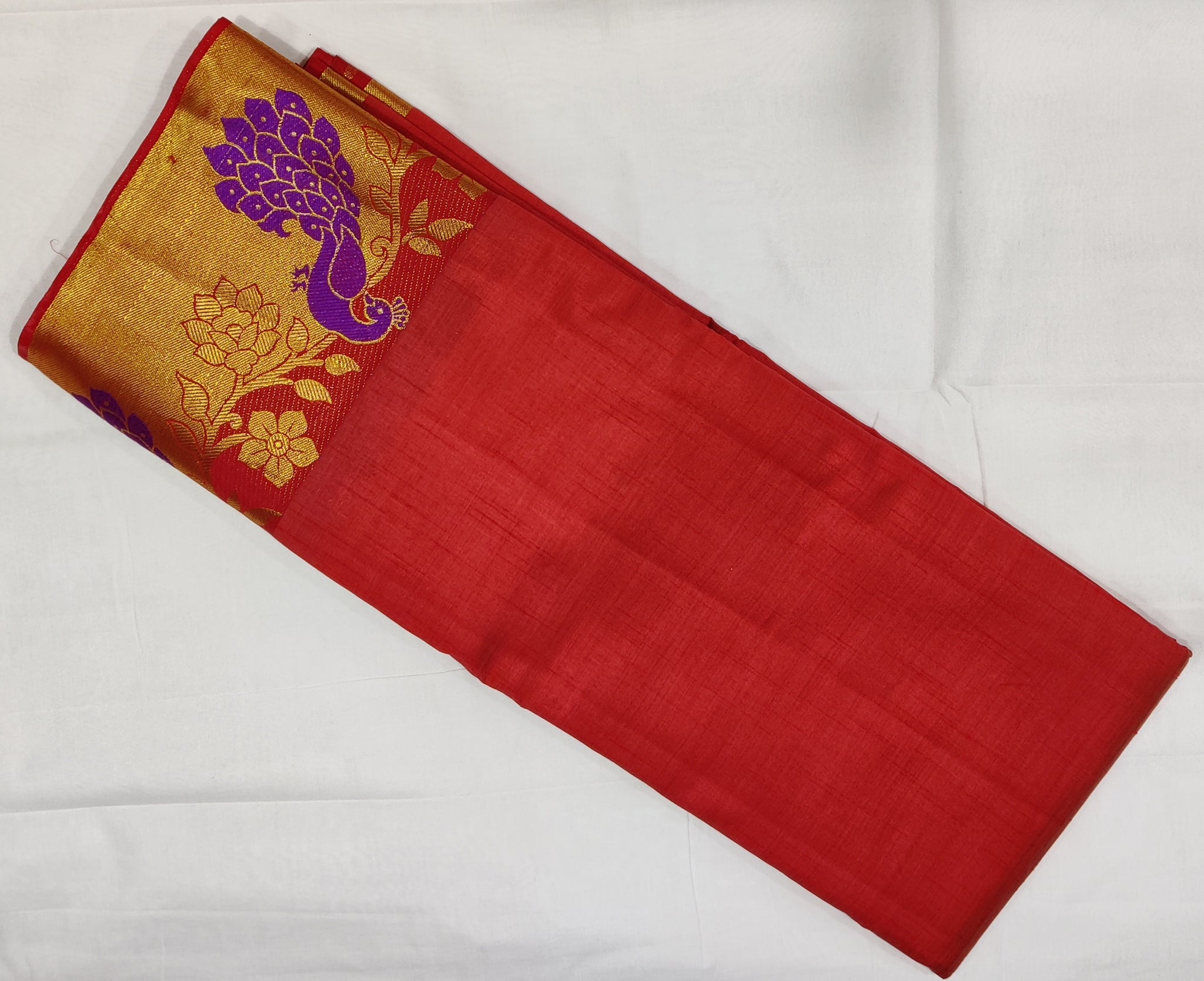 33370 Semi Raw Silk Saree with Big Peacock embossed Zari Border and Rust-Arakku Mix Body Color