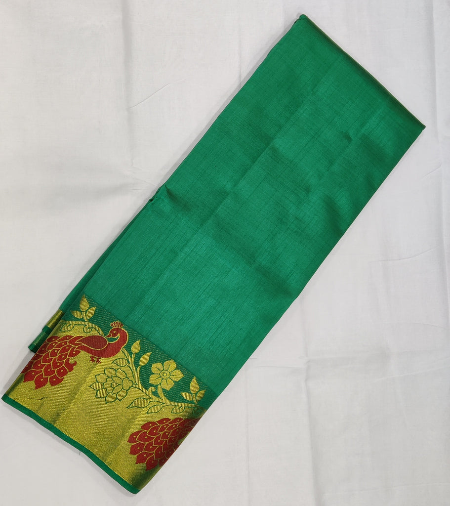 33368 Semi Raw Silk Saree with Big Peacock embossed Zari Border and Green Body Color