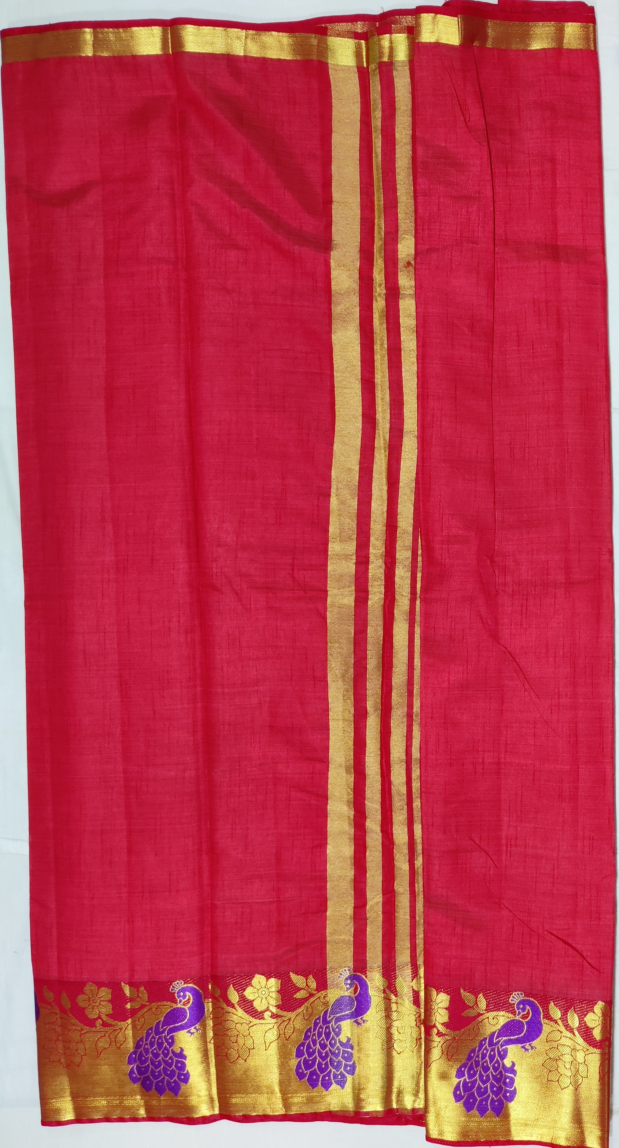 33370 Semi Raw Silk Saree with Big Peacock embossed Zari Border and Rust-Arakku Mix Body Color