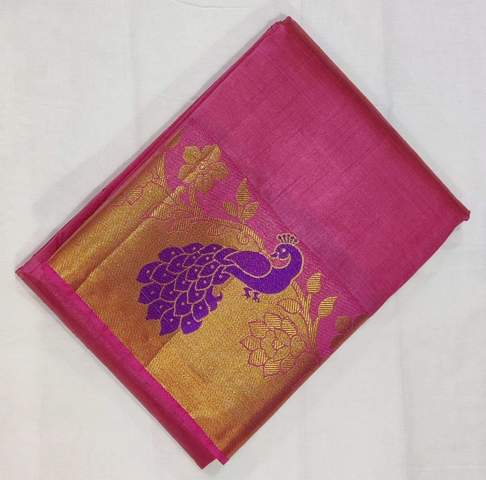 33367 Semi Raw Silk Saree with Big Peacock embossed Zari Border and Pink Body Color