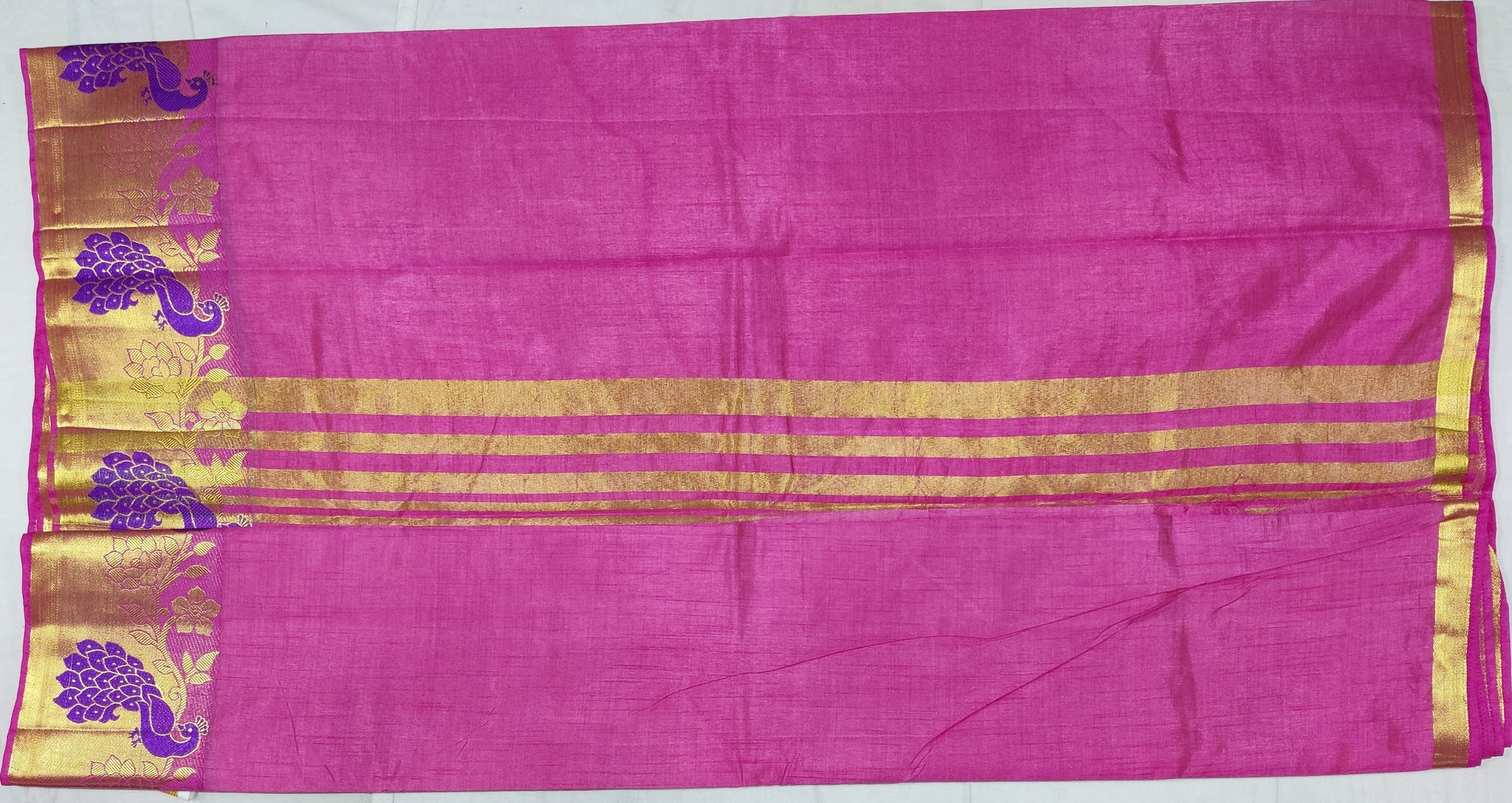 33367 Semi Raw Silk Saree with Big Peacock embossed Zari Border and Pink Body Color