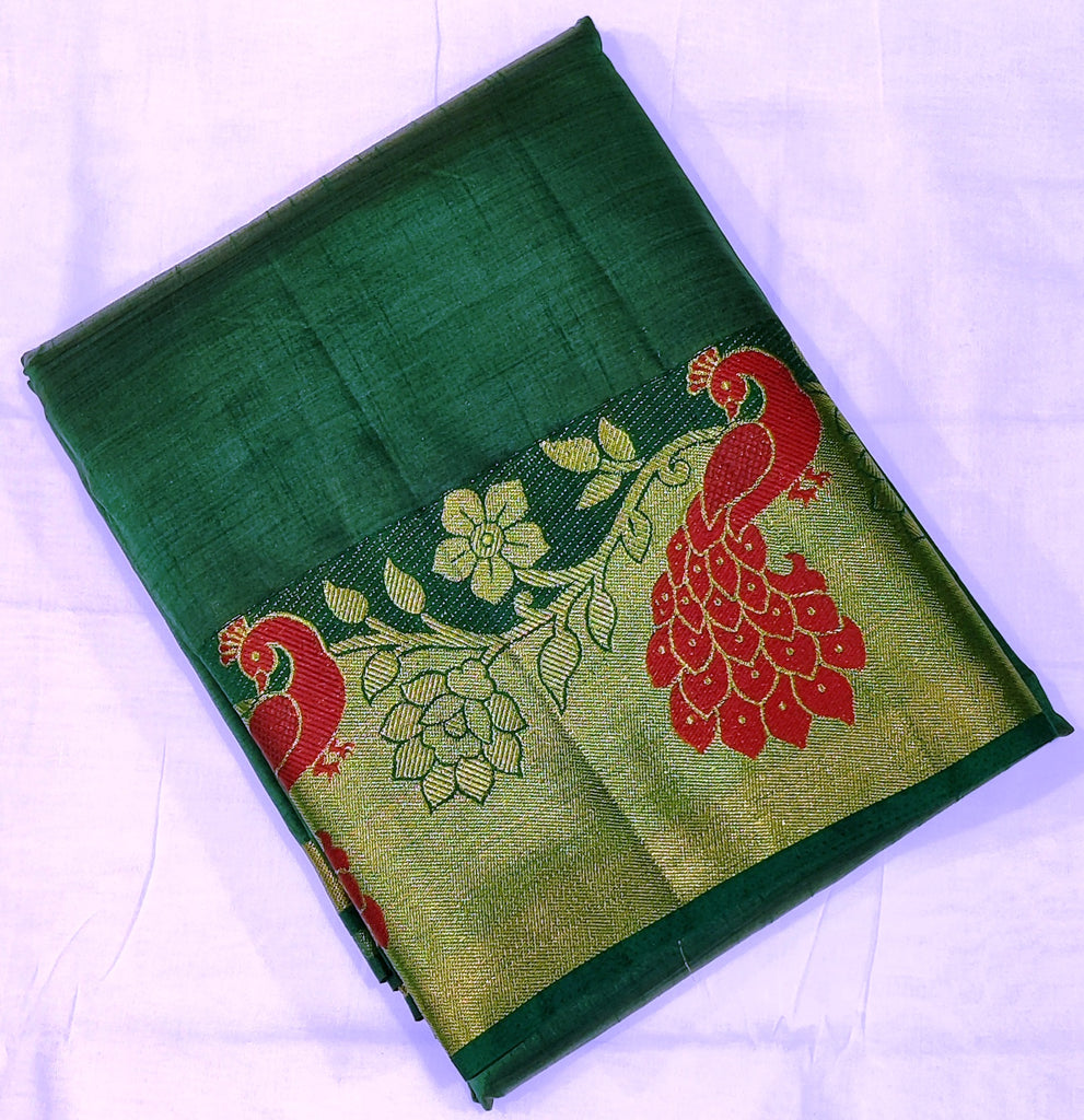 33369 Semi Raw Silk Saree with Big Peacock embossed Zari Border and Dark Green Body Color