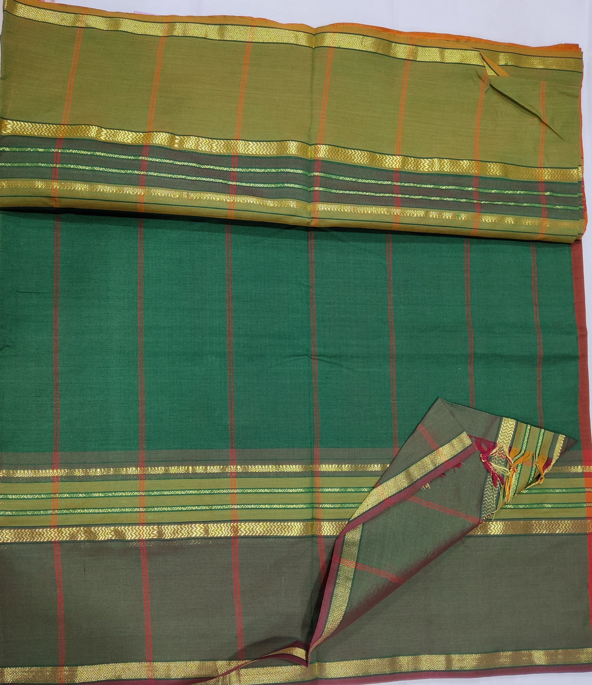 6210 Polycot 6.20 mtrs Pallu lines Honey with Green