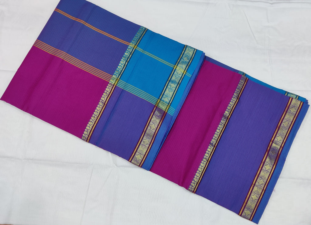 6203 Polycot 6.20 mtrs Pallu lines Magenta with Blue