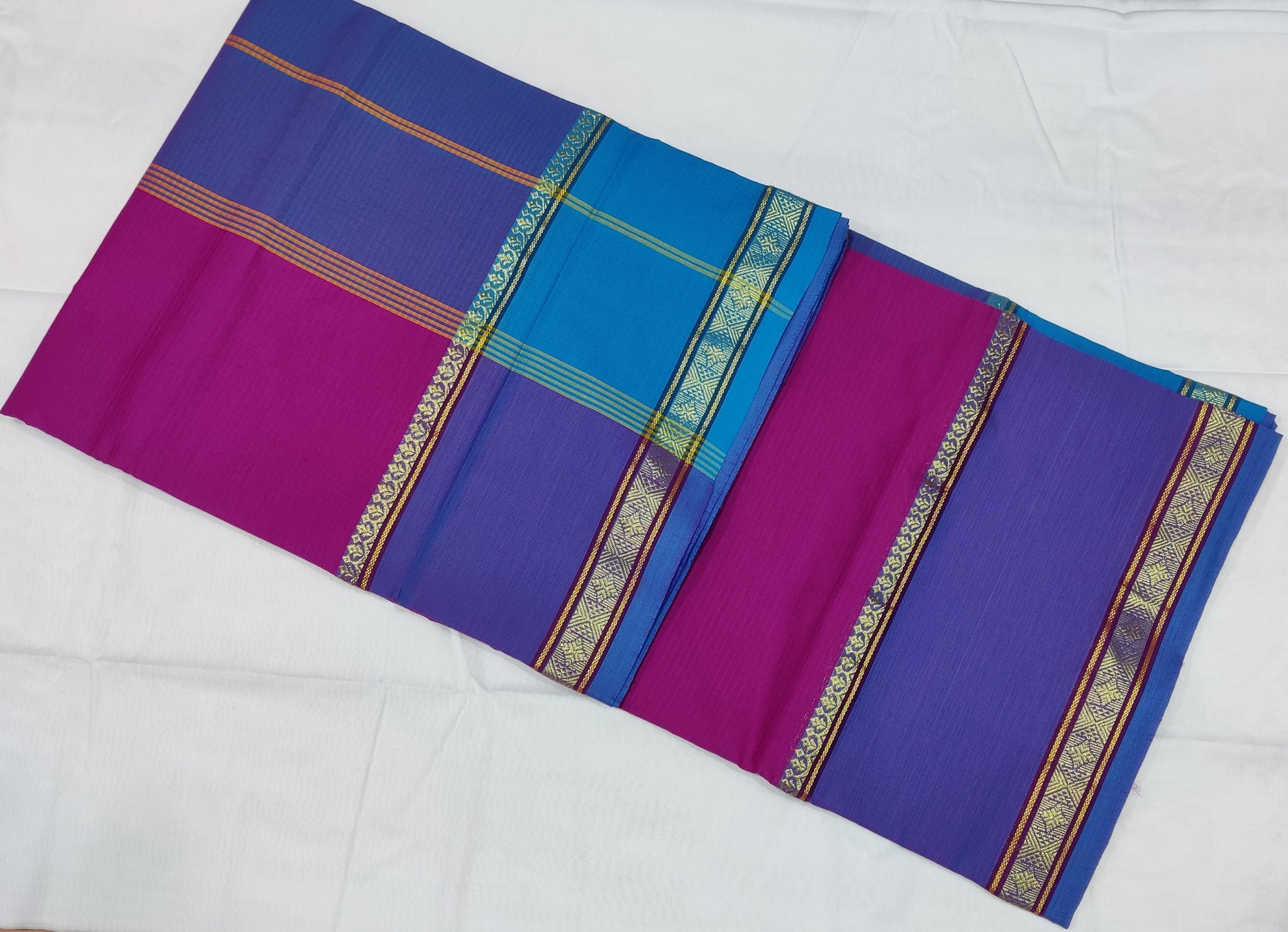 6203 Polycot 6.20 mtrs Pallu lines Magenta with Blue
