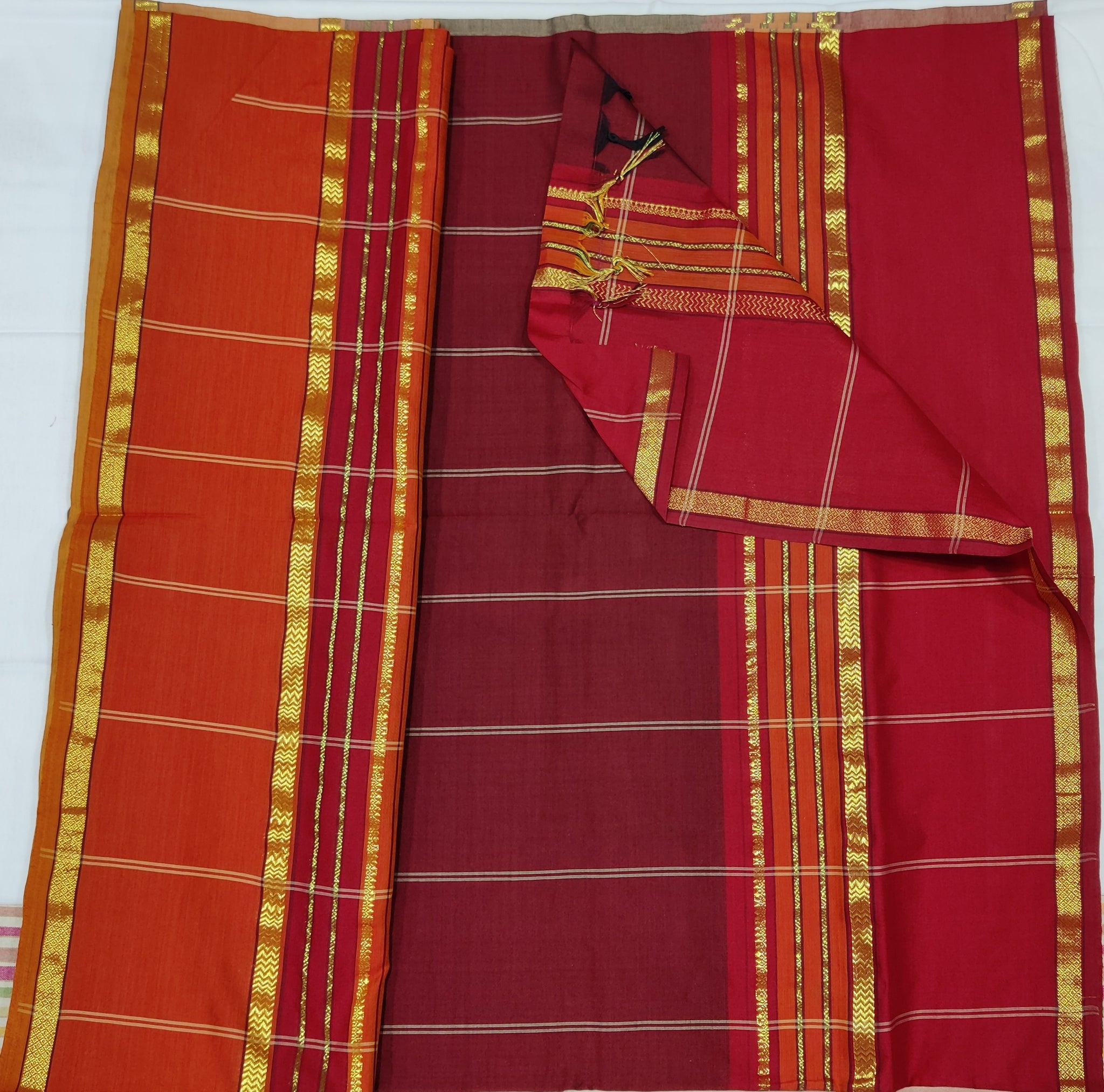 6202 Polycot 6.20 mtrs Pallu lines Grey with Maroon