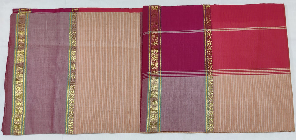 6204 Polycot 6.20 mtrs Pallu lines Peach with Pink