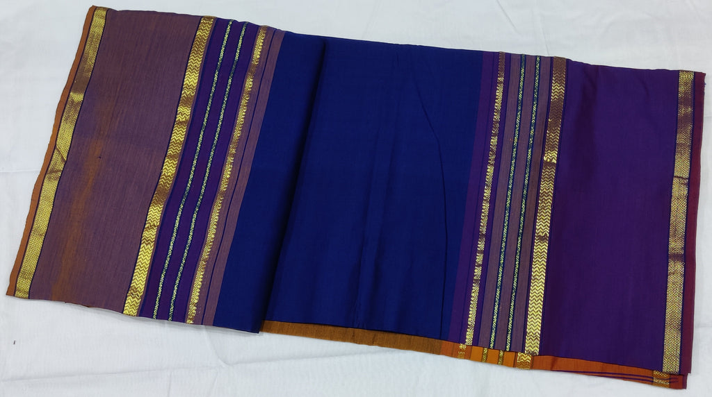 6206 Polycot 6.20 mtrs Pallu lines Navy Blue with Mustard