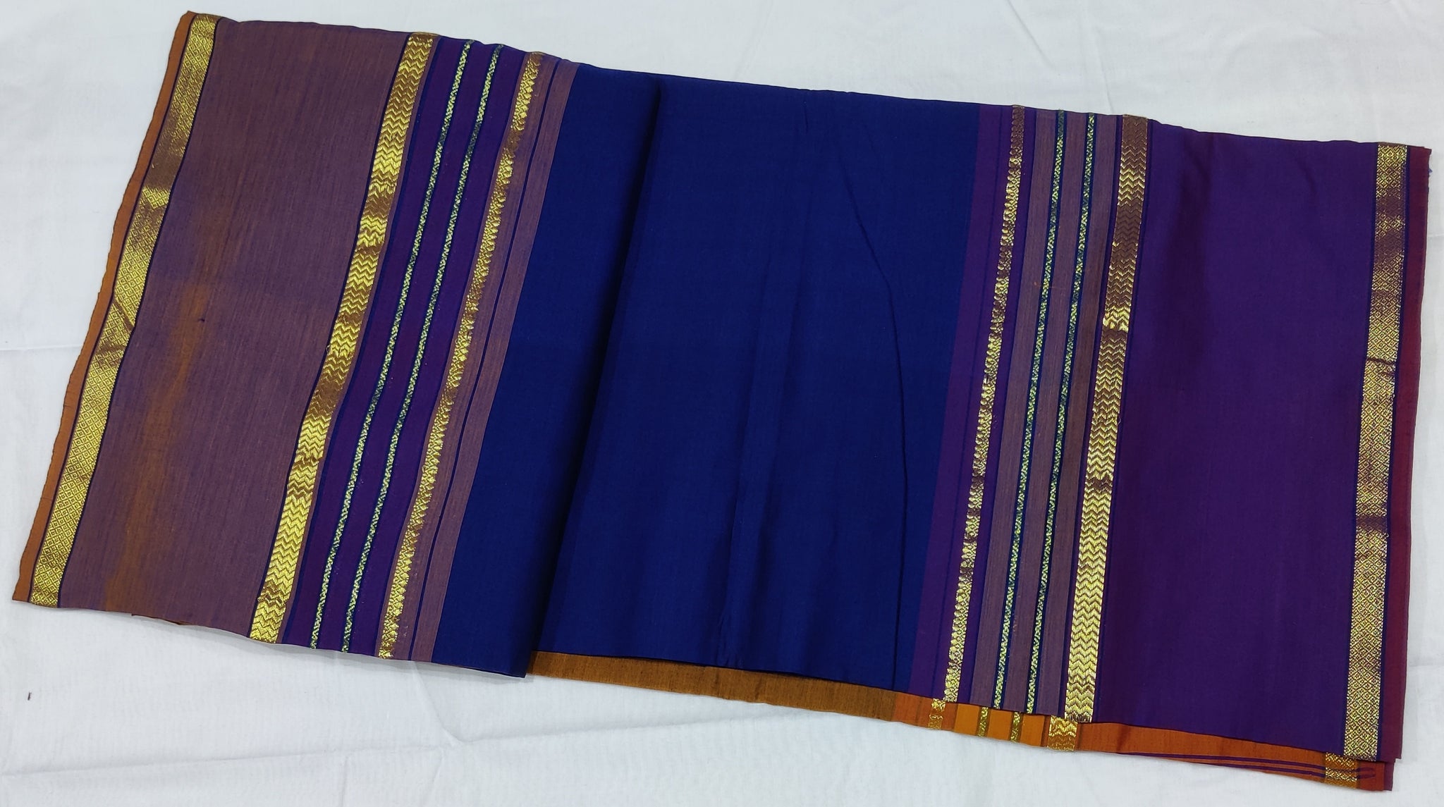 6206 Polycot 6.20 mtrs Pallu lines Navy Blue with Mustard