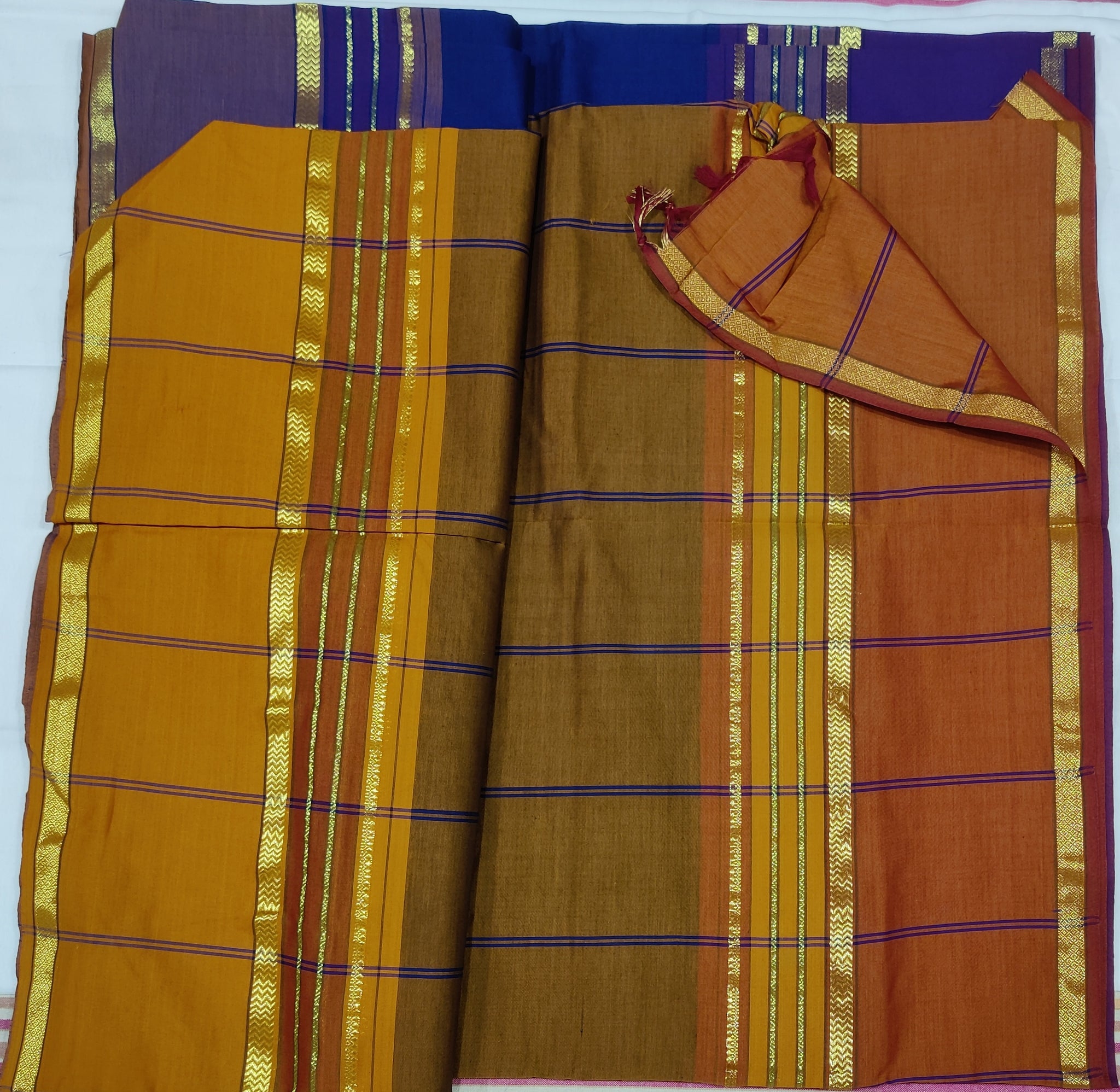 6206 Polycot 6.20 mtrs Pallu lines Navy Blue with Mustard