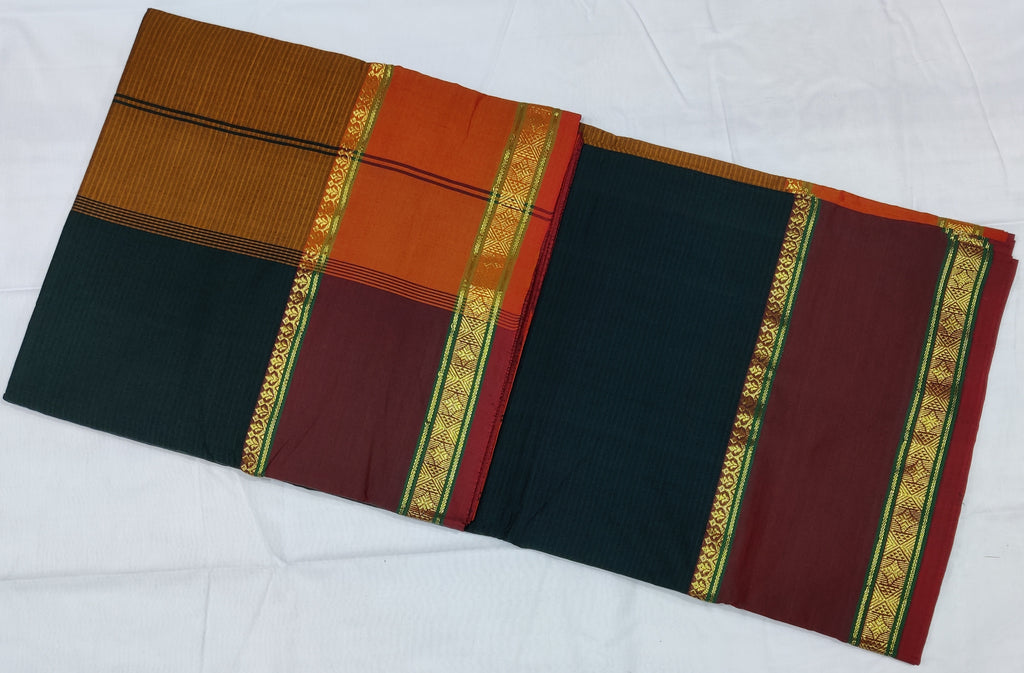 6205 Polycot 6.20 mtrs Pallu lines Bottle Green with Mustard