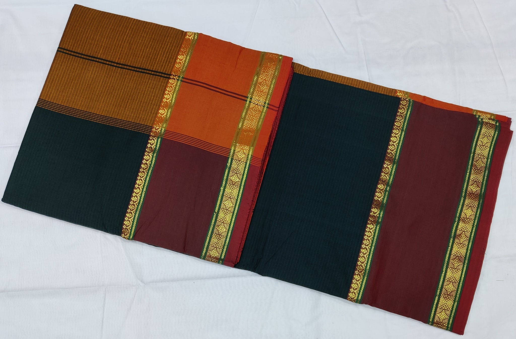 6205 Polycot 6.20 mtrs Pallu lines Bottle Green with Mustard