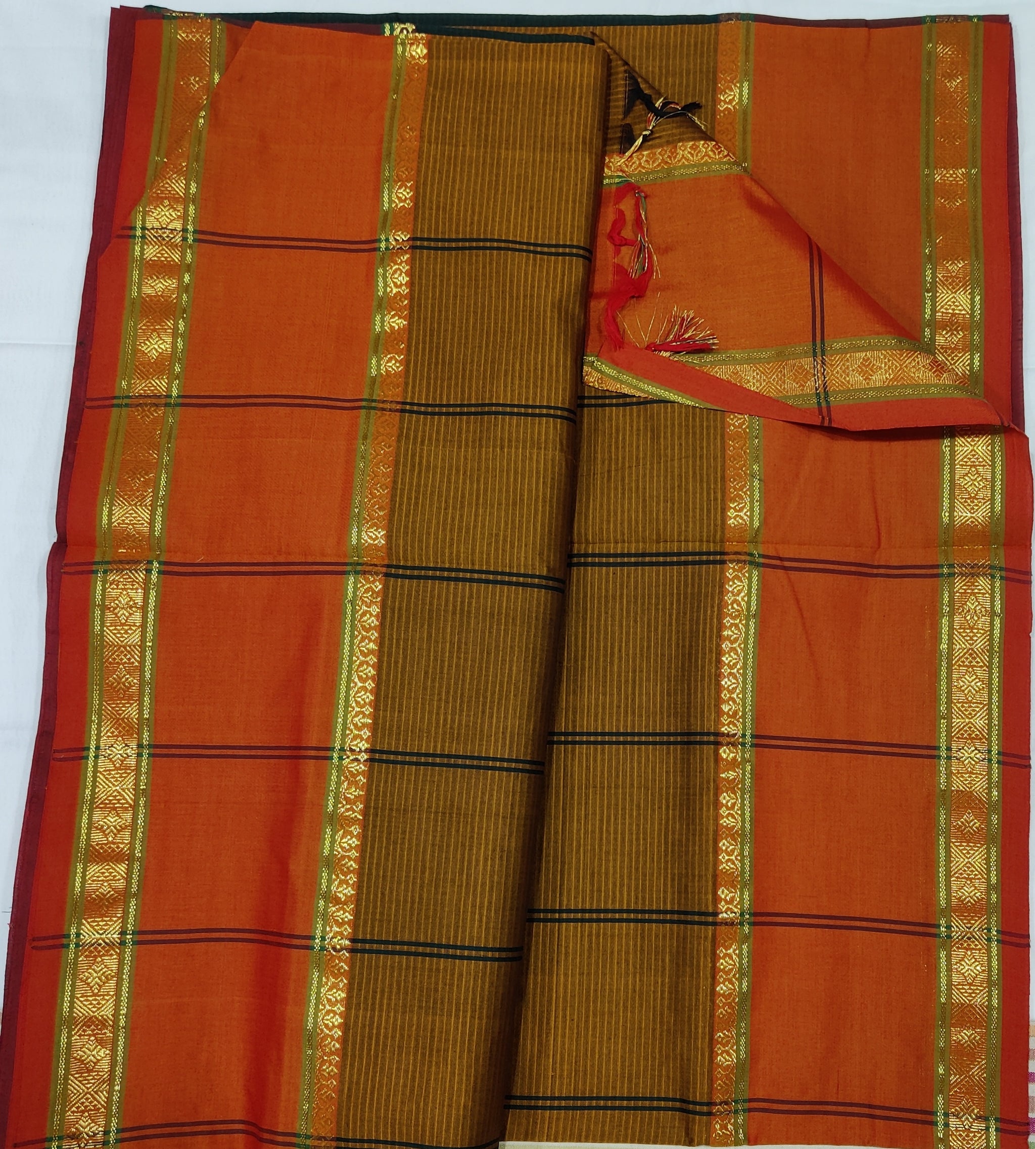 6205 Polycot 6.20 mtrs Pallu lines Bottle Green with Mustard