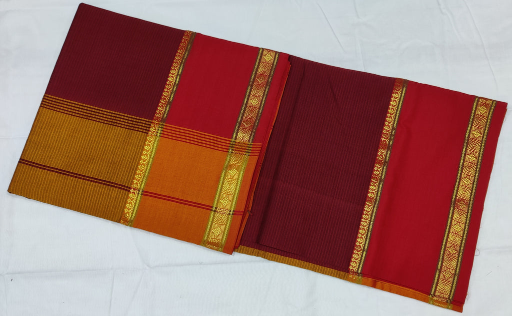 6191 Polycot 6.20 mtrs Pallu lines Maroon with Mustard