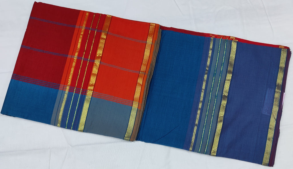 6209 Polycot 6.20 mtrs Pallu lines Emerald Blue with Maroon