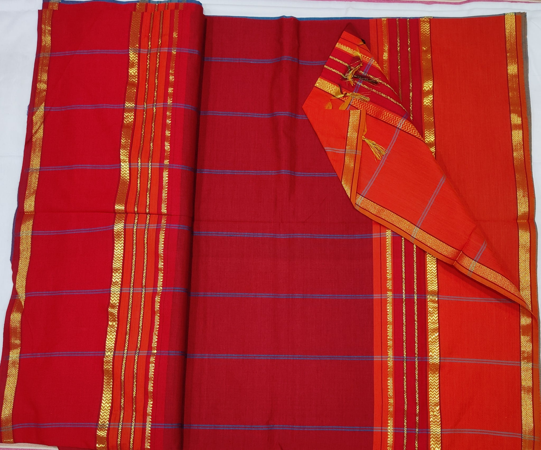 6209 Polycot 6.20 mtrs Pallu lines Emerald Blue with Maroon