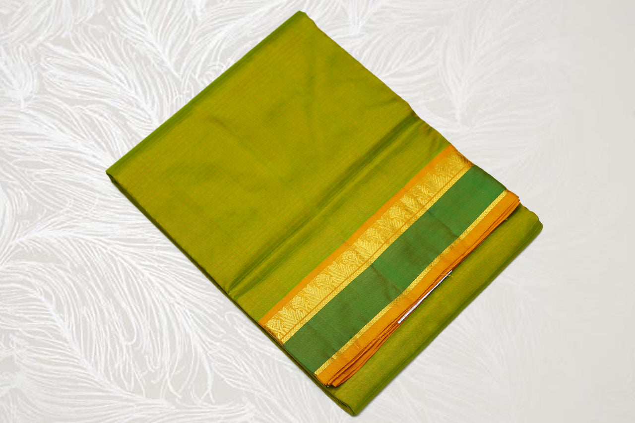 17115  9 Yards Pure Silk medium border contrast Pallu Maanthulir with green border mustard pallu