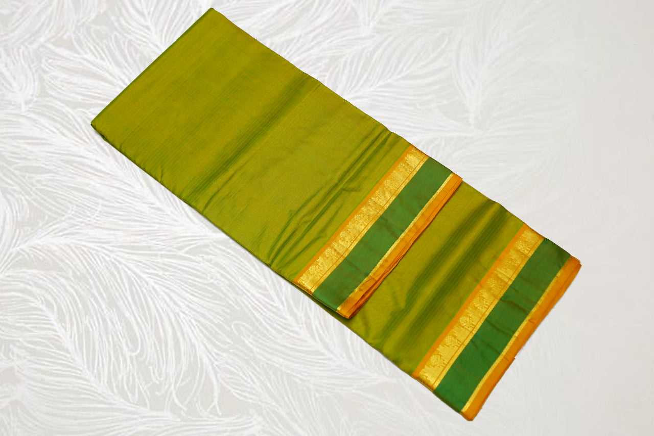 17115  9 Yards Pure Silk medium border contrast Pallu Maanthulir with green border mustard pallu