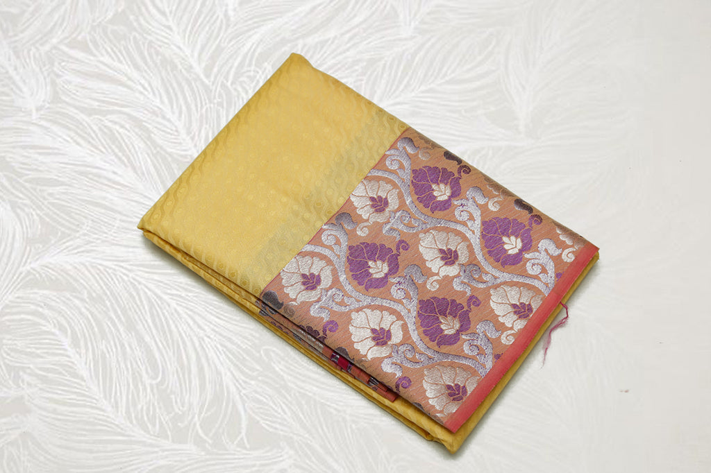 30151 Semi Silk Polyester Mix big white Zari and thread border emboss Lemon Yellow with red border and silver pallu